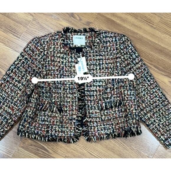 L'AGENCE Angelina Gold black Tweed Plaid Jacket fringe trim size 18 - Picture 7 of 16